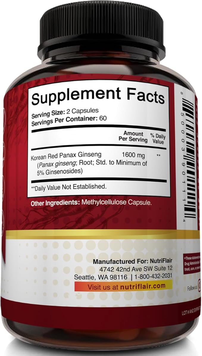 NutriFlair Korean Red Panax Ginseng 1600mg – 120 Vegan Capsules | 5% Ginsenosides | Non-GMO, Gluten-Free | Natural Energy & Focus Support | Made in USA