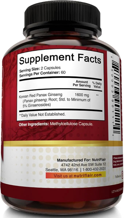 NutriFlair Korean Red Panax Ginseng 1600mg – 120 Vegan Capsules | 5% Ginsenosides | Non-GMO, Gluten-Free | Natural Energy & Focus Support | Made in USA