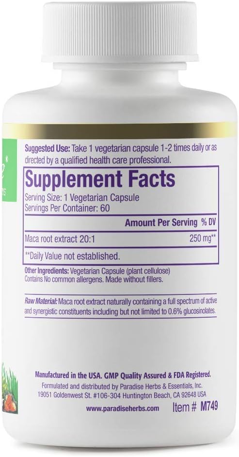 Paradise Herbs Maca Root Extract, Super Potent, Ultra Pure, Vegan, Non GMO, Gluten Free, 60 Vegetarian Capsules