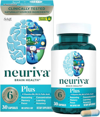 NEURIVA Plus Brain Supplement for Memory, Focus & Concentration + Cognitive Function with Clinically Tested Nootropics Phosphatidylserine and Neurofactor, VIT B6 & B12, 30 Count Capsules (2 Pack)