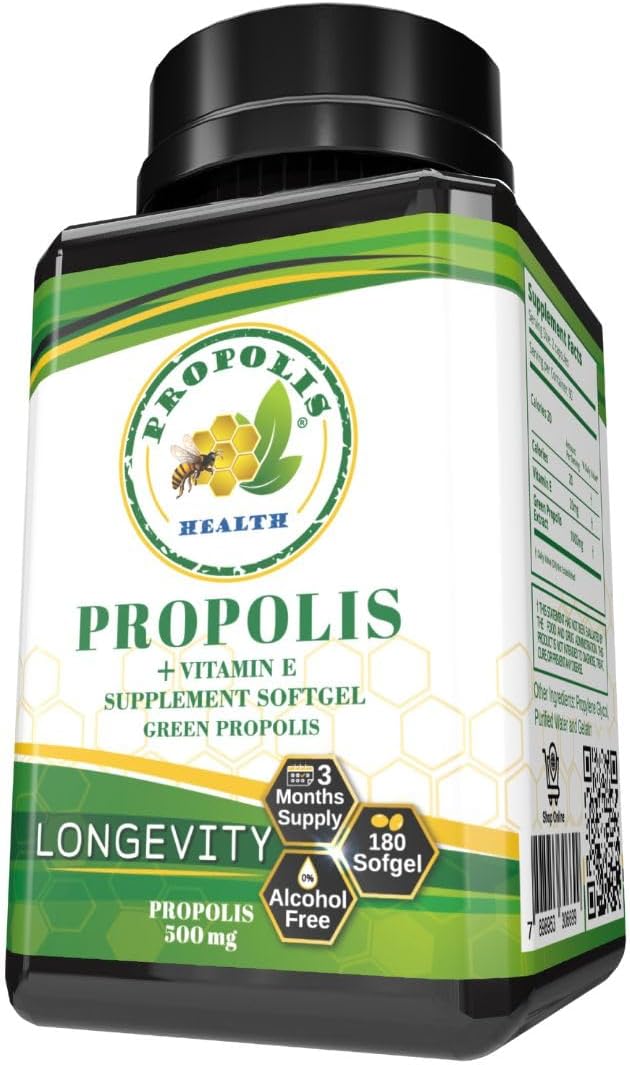 Propolis Health Propolis Capsules 1000mg-Daily with Vitamin E Per 2 Capsules - Brazilian Green Propolis Extract - Immune Booster 50 Days Supply Propolis Capsules (180 Capsules)