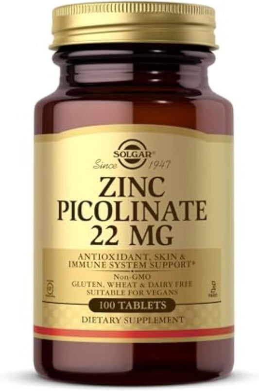 Solgar Zinc Picolinate 22 mg, 100 Tablets - Promotes Healthy Skin - Supports Immune System, Normal Taste & Vision - Antioxidant - Non GMO, Vegan, Gluten Free, Dairy Free, Kosher - 100 Servings
