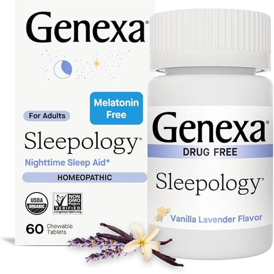 Genexa Sleepology for Adults | Melatonin Free Sleep Aid | Promotes Rest | Natural Vanilla & Lavender Flavor | Certified Organic & Non-GMO | Homeopathic Remedy Made Clean | 60 Chewable Tablets