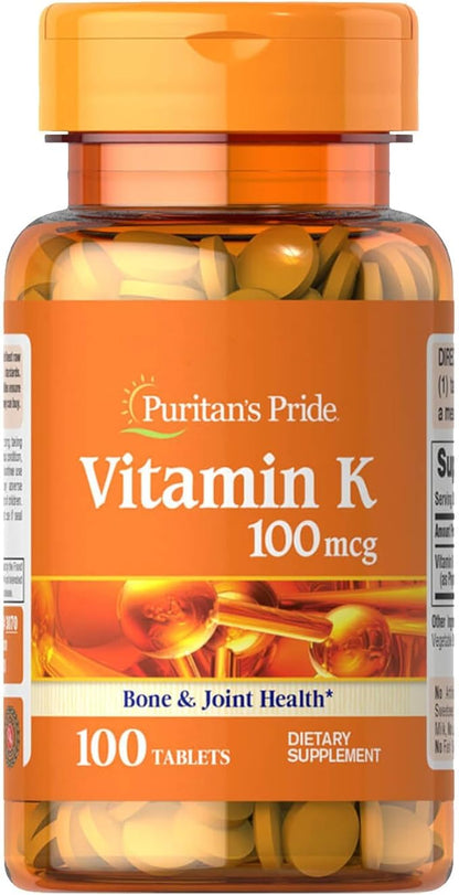 Puritan's Pride Premium Vitamin K 100mcg, Dietary Supplement for Bone, Joint, and Blood Clotting Health Support, 100 Day Supply, 100 Tablets