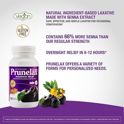 Prunelax Ciruelax Maximum Relief Laxative Tablets with Natural Senna for Occasional Constipation, Senna Extract, Vegan & Gluten-Free, Gentle Overnight Relief - 100ct