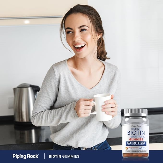 Piping Rock Biotin 10000mcg Gummies | 60 Count | Hair Skin and Nails | Vegan Formula | Peach Flavor | Premium Vitamin Supplement | Non-GMO, Gluten Free
