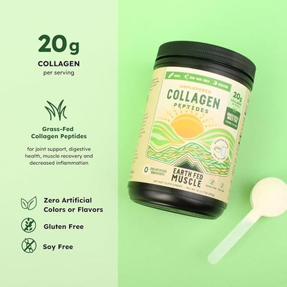 Earth Fed Muscle Unflavored Collagen Peptides Powder - 20g Protein Per Serving - Supports Hair, Skin, Nails, Joints & Recovery - Sugar-Free, Soy-Free, Gluten-Free, Paleo & Keto Friendly