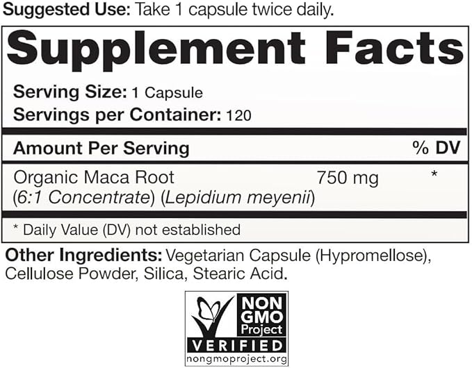 Organic Maca Root Capsules (High Potency), Non-GMO Verified Supplement - 120 Capsules, 2 Month Supply