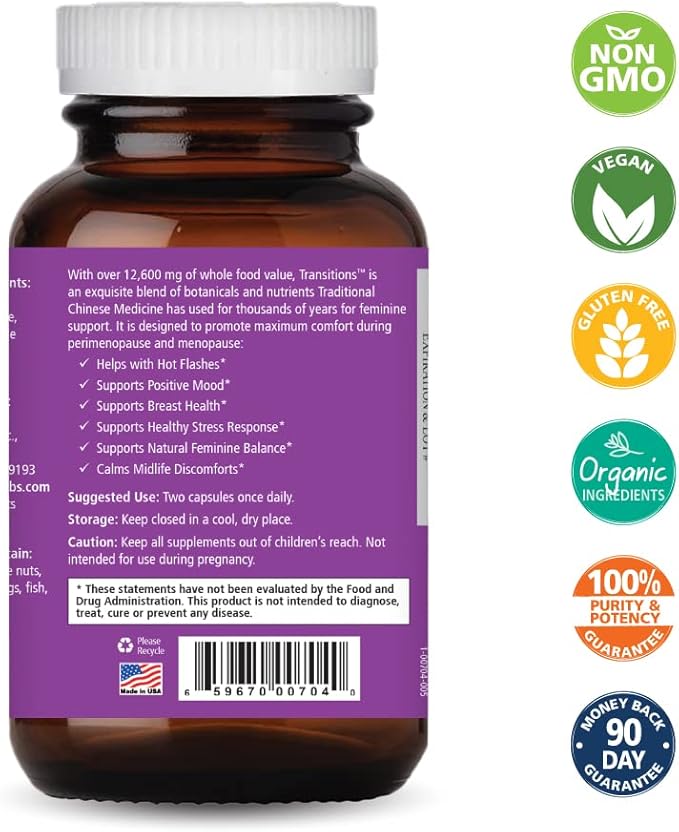 Pure Essence Labs Transitions Vitamins for Women, Natural Menopause Relief Supplement to Promote Hormone Balance, Reduce Hot Flashes, Mood Swings & Night Sweats, 120 Capsules