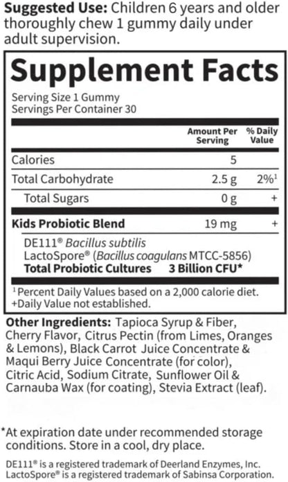 Garden of Life Probiotics for Kids, Cherry Flavor Gummies - Sugar Free Once Daily Kids Probiotic Gummies, 3 Billion CFU Probiotics Plus Fiber for Digestive & Immune Health, 30 Vegetarian Gummies