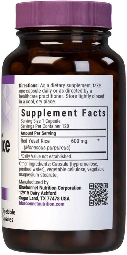 Bluebonnet Nutrition Red Yeast Rice 600 mg, Heart Health*, Non-GMO, Vegan, Kosher Certified, Gluten-Free, Soy-Free, Dairy-Free, 120 Vegetable Capsules, 120 Servings