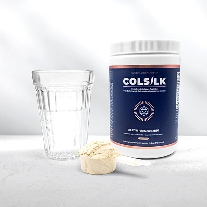Skin Research Institute ColSilk Collagen Powder Supplement with Collagen, Colostrum, and Polypodium for Skin, Hair, Nails, and Joint Support – One Scoop per Serving – Unflavored (1 Month Supply)