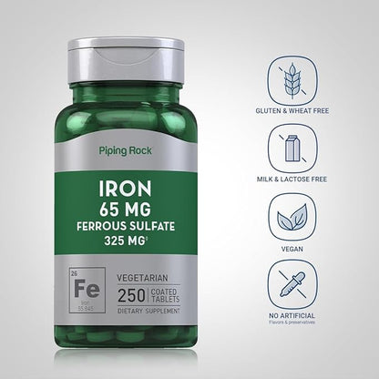 Piping Rock Iron Ferrous Sulfate 65 mg | 250 Tablets | Iron Supplement | High Potency Formula | Vegetarian, Non-GMO, Gluten Free