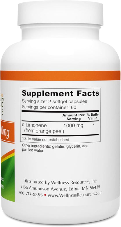 Wellness Resources High Potency d-Limonene Capsules 500mg, 120 Capsules - Orange Peel Extract for Digestive Health, Heartburn, Acid Reflux, Detoxification