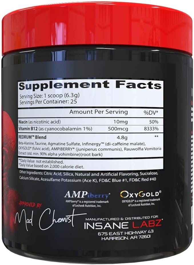 Insane Labz Redrum High Stim Pre Workout NO Booster Powder, Loaded with Beta Alanine Agmatine Sulfate Taurine Fueled by AMPiberry, OXYgold,Focus Strength Recovery,25 Srvgs Devil's Blood Black Cherry