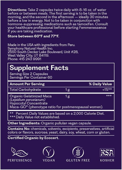 Femmenessence MacaPause – Clinically Proven for Post Menopause, Natural Hormone Balance Supplements for Women, Bone and Heart Health, Symptom Relief, Organic Maca Root Capsules (240)