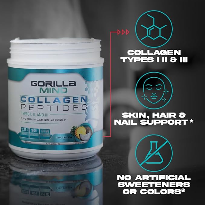 Gorilla Mind Collagen Peptides Powder - Joint & Bone Health/Great for Hair, Skin & Nails/Sleep Support/Types I, II, III/Mix in Water, Juice or a Smoothie - 426g (Mixed Berry)