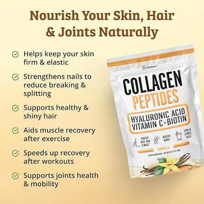 Dr. Matthew Vanilla Collagen Protein Powder with Hyaluronic Acid, Vitamin C and Biotin for Hair, Skin, Nails, Joint. Keto, Type 1 and 3.