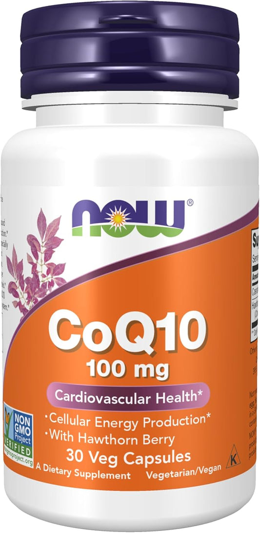 NOW Foods Supplements, CoQ10 100 mg with Hawthorn Berry, Pharmaceutical Grade, All-Trans Form produced by Fermentation, 30 Veg Capsules