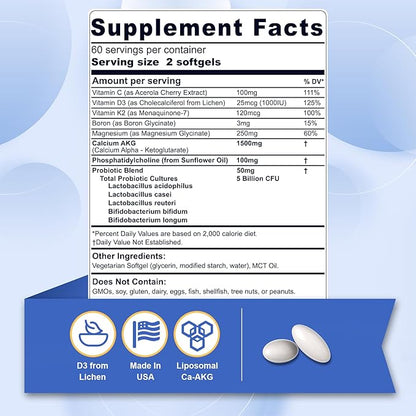 Liposomal Calcium AKG Supplement 1500mg with Vitamin D3 & K2 Softgels for Women & Men, (Made in USA) Calcium Supplements with Magnesium Glycinate, Boron, Probiotics & Vitamin C for Bone - 120 Pills