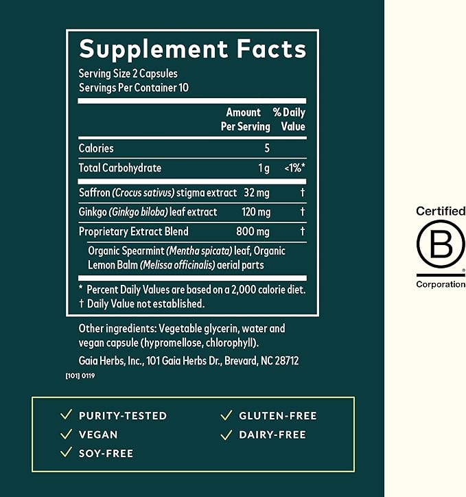 Gaia Herbs Nootropic Focus - Brain & Cognitive Support Supplement to Help Maintain Healthy Concentration* - with Saffron, Lemon Balm & Spearmint - 20 Liquid Phyto-Capsules (Up to 10-Day Supply)