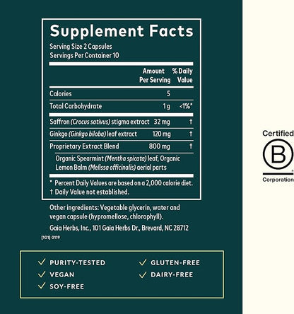Gaia Herbs Nootropic Focus - Brain & Cognitive Support Supplement to Help Maintain Healthy Concentration* - with Saffron, Lemon Balm & Spearmint - 20 Liquid Phyto-Capsules (Up to 10-Day Supply)