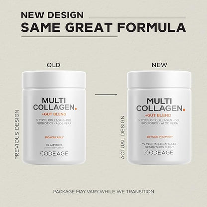 Codeage Multi Collagen + Gut Blend Supplement - Digestive Probiotics, DGL Licorice, Aloe Vera, Organic Peppermint Leaf, Slippery Elm - Hydrolyzed Bovine Collagen Pills - Non-GMO - 90 Capsules