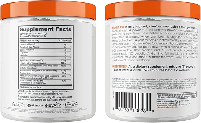 Genius Pre Caffeine-Free Pre Workout Boosted Energy, Focus, Performance Nootropic Formula AlphaSize, Citrulline Malate, CarnoSyn Beta Alanine Endurance, Stamina, Recovery, 20 Servings - Grape Limeade