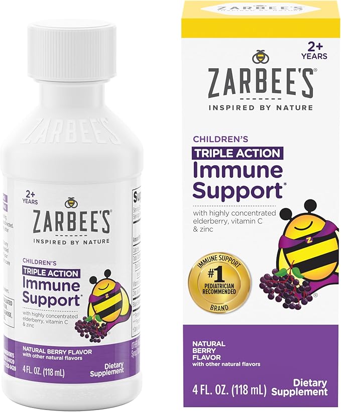 Zarbee's Elderberry Syrup for Kids, Daily Immune Support with Vitamin C & Zinc, Childrens Liquid Supplement, Natural Berry Flavor, 4 fl oz