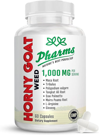 PHARMS Hornygoatweed for Men & Women (1,000 mg) - Energy & Stamina Capsules with Maca Root, Tribulus, Tongkat Ali, Saw Palmetto & Ginseng - Female & Male Performance Enhancing Supplement - 60 Capsules