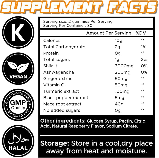 Pure Himalayan Shilajit Gummies No Added Sugar Ashwagandha, MACA Root, Turmeric Extract with Vitamin C, Non-GMO 100% Natural & Organic (60 Count, Gold)