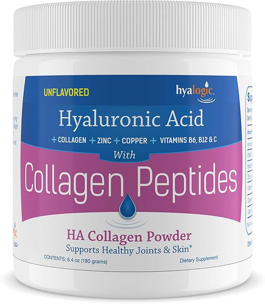 Hyalogic Collagen Peptides Powder w/Hyaluronic Acid, Hydrolyzed Types 1 & 3, Grass Fed, Keto Protein Powder Supplement for Hair Growth, Skin, Nails Unflavored Easy to Mix 6.4 oz (180 gr.)