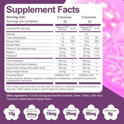 10G Fiber Gummies for Adults, No Sugar Added Grape Flavor, Fiber Supplement with 30 Billion CFU Probiotics Blend, ACV, Vitamin C, Inulin, Support Digestive Health, 90 Count