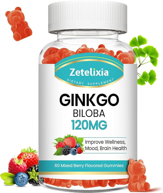 Ginkgo Biloba Gummies for Women and Men, Brain Supplement Improve Better Mood and Focus, Vegan Mixed Berry Flavor 60 Count