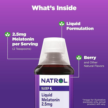 Natrol Liquid Melatonin 2.5 mg, Adult Melatonin Supplement to Fall Asleep Faster and Stay Asleep Longer, Wake Up Refreshed, 8 FL OZ Berry-Flavored Liquid, Up to a 23 Day Supply