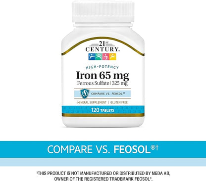 21st Century Iron 65 mg Ferrous Sulfate 325 mg Tablets, 120 Count