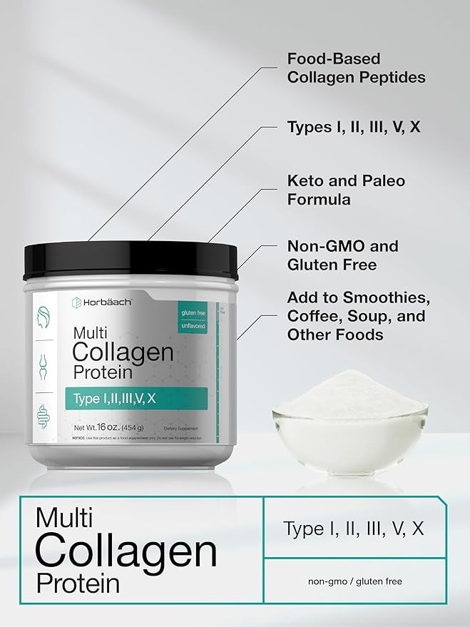 Horbäach Multi Collagen Protein Powder 16 oz | Type I, II, III, V, X | Unflavored | for Men and Women | Non-GMO, Gluten Free Supplement
