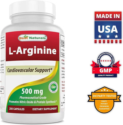 Best Naturals L-Arginine 500mg 250 Capsules - Pharmaceutical Grade L Arginine supplement promotes nitric oxide synthesis