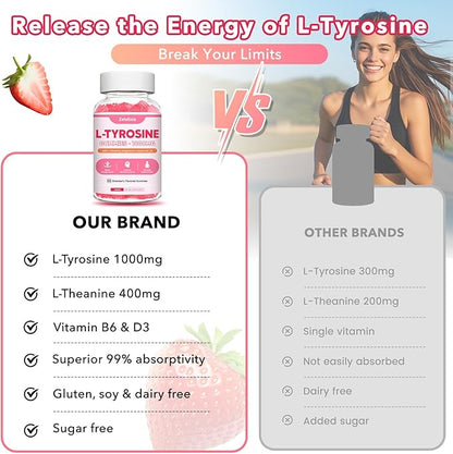 L Tyrosine Gummies, L-Tyrosine Supplement Gummies, L-Theanine Gummies with Vitamin B6 D3, Focus Gummies Support Brain, Memory, Energy, Mood for Adult & Kids, Strawberry Flavor, 60 Count