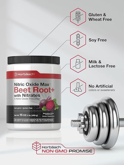 Horbaach Nitric Oxide Powder | 16 oz | Supplement for Men & Women | with Beet Root & Nitrates | Mixed Berry Flavor | Vegan, Non-GMO & Gluten Free