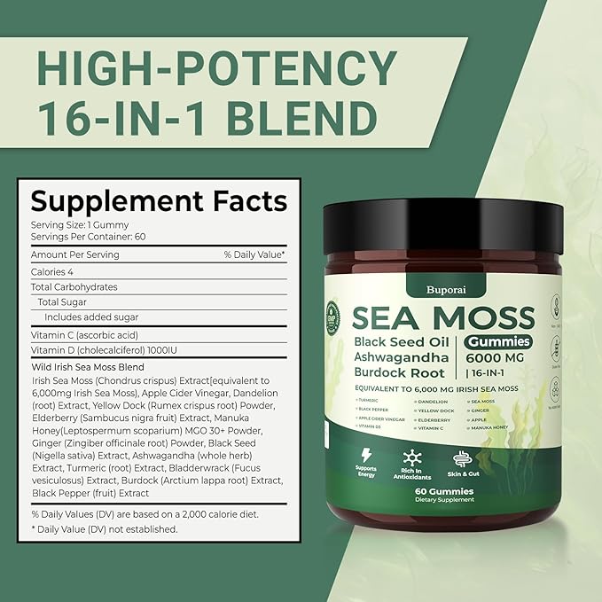 Sea Moss Gummies 16-1, Black Seed Oil Ashwagandha Turmeric Bladder Wrack Vitamin C Vitamin D3 Elderberry Manuka Dandelion Yellow Dock Apple Cider Vinegar for Men & Women