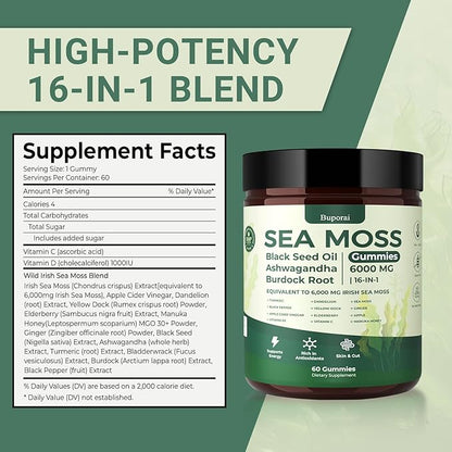 Sea Moss Gummies 16-1, Black Seed Oil Ashwagandha Turmeric Bladder Wrack Vitamin C Vitamin D3 Elderberry Manuka Dandelion Yellow Dock Apple Cider Vinegar for Men & Women