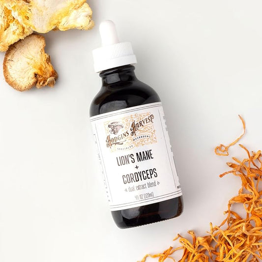 Organic Lion’s Mane + Cordyceps Tincture | Made with Mushrooms Grown On Our Farm in The USA | Dual Extract | Extra-Concentrated (4 fl oz)