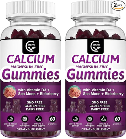Calcium Magnesium Zinc Gummies with High Absorption Magnesium Glycinate Potassium - Plant Complex Calcium Magnesium 2:1 Ratio, with D3 Sea Moss for Bone, Muscles, Immune & Sleep Support, Vegan-2 Pack