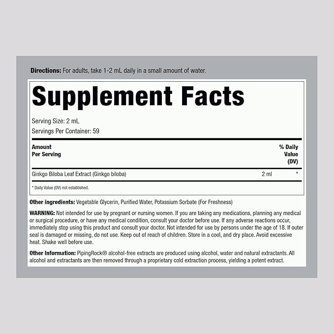 Piping Rock Ginkgo Biloba Supplements | 4 fl oz | Premium Liquid Herbal Extract | Certified Botanical | Non GMO, Gluten Free