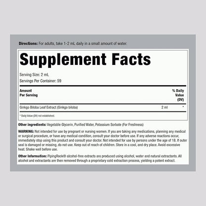Piping Rock Ginkgo Biloba Supplements | 4 fl oz | Premium Liquid Herbal Extract | Certified Botanical | Non GMO, Gluten Free