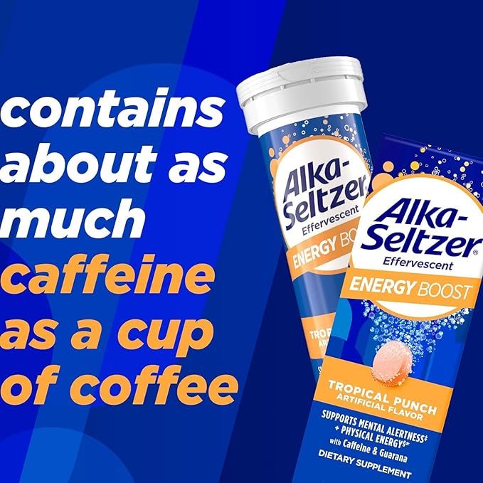 Alka-Seltzer Energy Boost: Caffeine & Guarana, B Vitamins, Supports Mental Alertness and Physical Energy, Daily Energy Supplement, Fizzy Tablets, Sugar-Free, Light Tropical Punch Flavor, 30ct