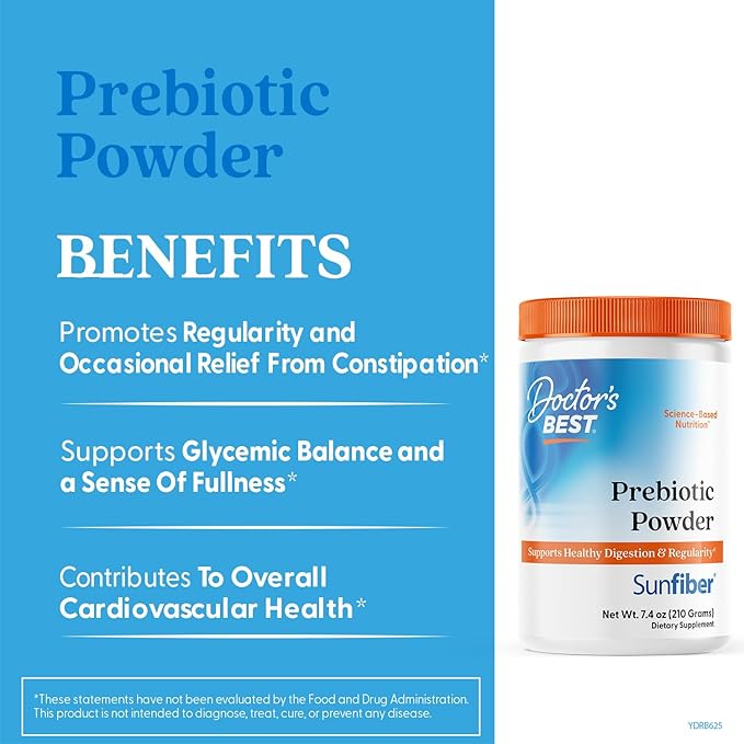 Doctor's Best Prebiotic Fiber Powder with Sunfiber, Supports Healthy Digestion & Regularity, Non-GMO, Gluten Free, Soy Free, Vegan, Unflavored, Non-Gritty, Easy Dissolve Net Wt. 7.4 oz (210 Grams)