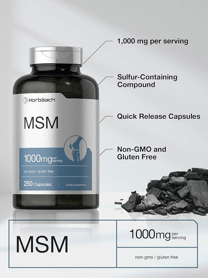 Horbäach MSM Supplement Capsules | 1000mg | 250 Count | Non-GMO and Gluten Free Formula | Methylsulfonylmethane