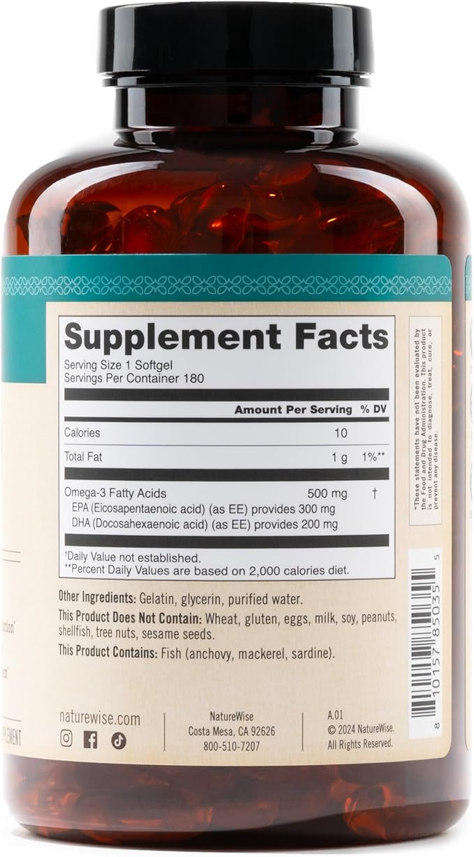 NatureWise Omega 3 Fish Oil - 500 mg per Pill - EPA & DHA - Immune Support, Brain Health & Optimal Wellness - Gluten and Soy Free, Non-GMO - 180 Softgels[6-Month Supply]